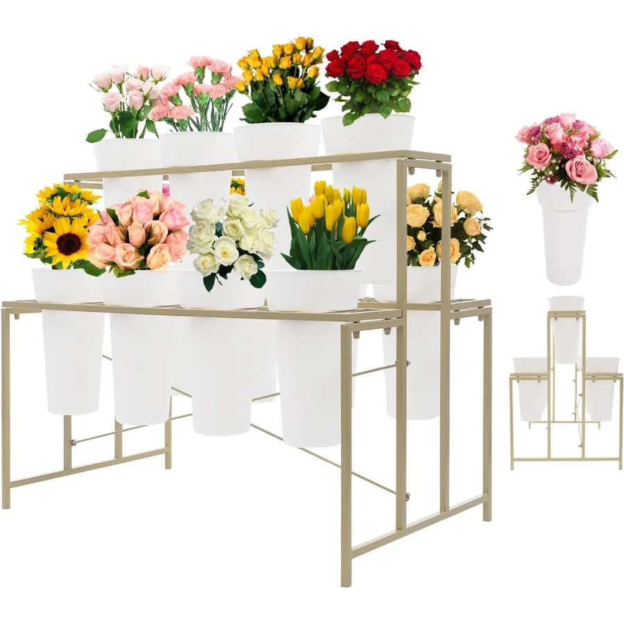 حامل عرض الزهور مع 12 دلو وعجلات لمتجر الزهور بتصميم على الوجهين بإطار ذهبي ودلاء مستديرة بيضاء مثالية