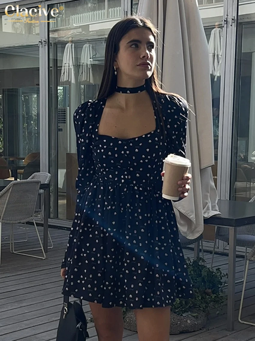 Seksowna smukłe nadruk damska sukienka modna kwadratowy kołnierzyk z długim rękawem Mini sukienki eleganckie plisowane damska sukienka z wysokim stanem