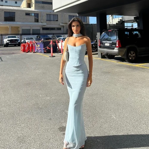 Imagen 2 del producto Mingmingxi elegante Maxi vestido de invitados de boda conjunto Sexy sin tirantes azul recortado Top conjunto ceñido al cuerpo vestidos de fiesta de vacaciones mujeres