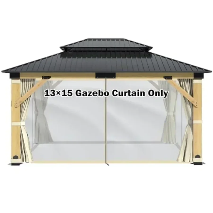 13' x 15' Wooden Gazebo Curtains Part Rod - Outdoor Hardtop Patio Gazebo  Netting Walls with Zipper Breathable Mesh and Privacy