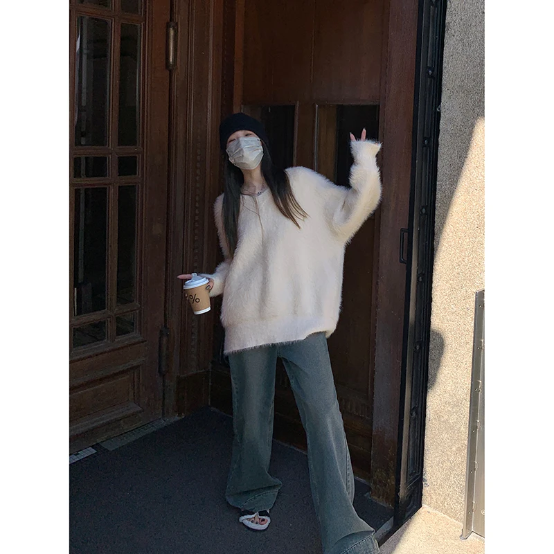 

Женский вязаный свитер Lin Chu из утолщенной шерсти на осень-зиму, свободный, мягкий, уютный топ с V-образным вырезом, имитация норкового бархата