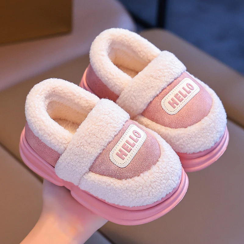 New Fashion Winter Children\'s Cover Heel Fluffy Slippers For Boys Girls Soft Non-slip Warm Flat Home Slip On Cotton-padded Shoes