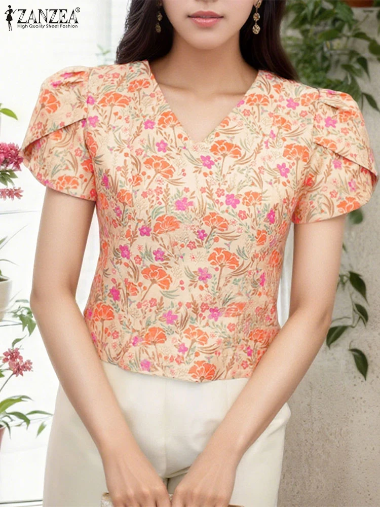 

2025 ZANZEA Women Summer Bohemian Blouse Short Puff Sleeve Shirts V-Neck Casual Blusas Floral Print Tunic Holiday Beach Tops