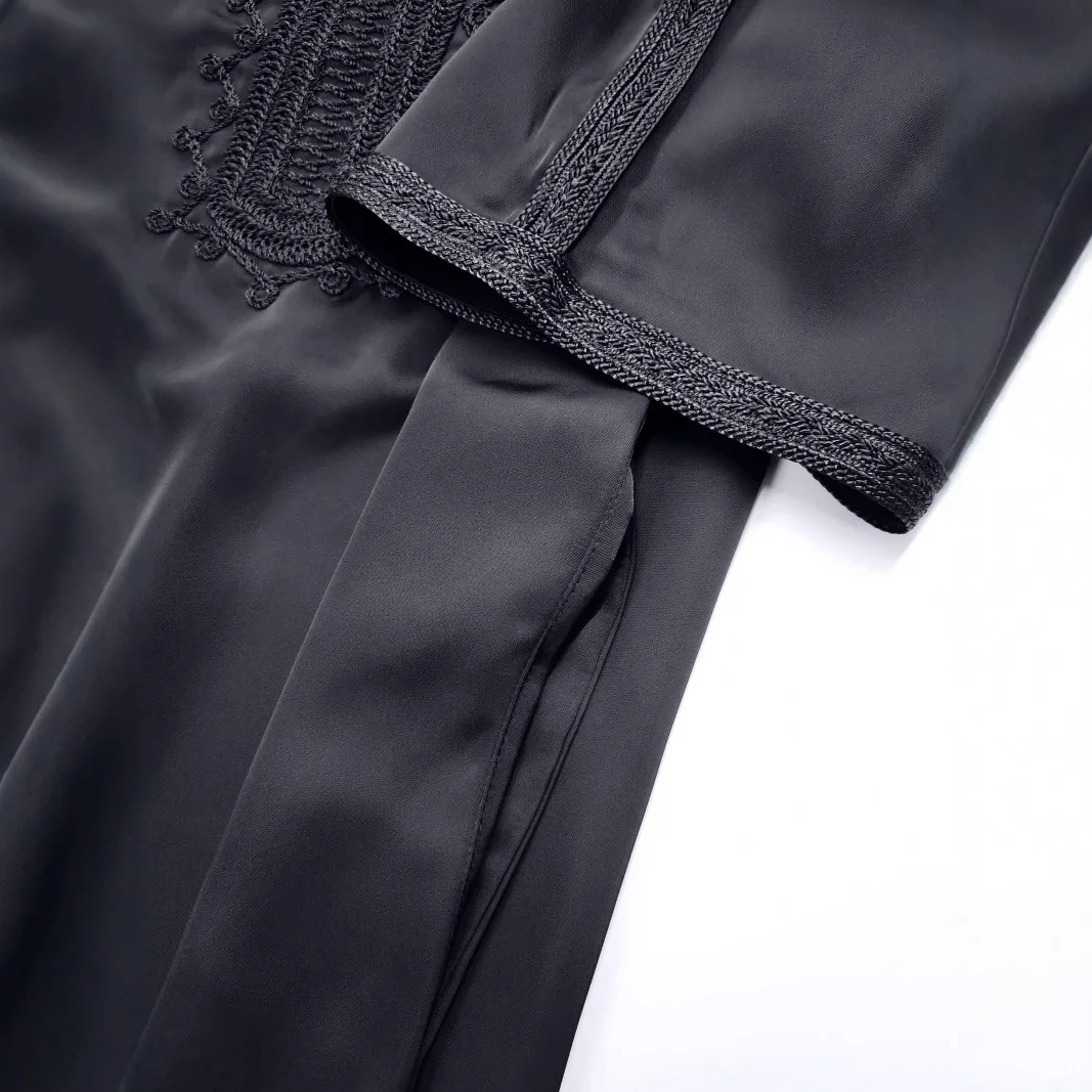 สูง 2025 End ดูไบมุสลิมกลางแขนเชือกเย็บปักถักร้อยสไตล์ชาติพันธุ์โมร็อกโกผู้ชาย Robe กระเป๋าด้านข้างดูไบหรูหราอิสลาม Elegant