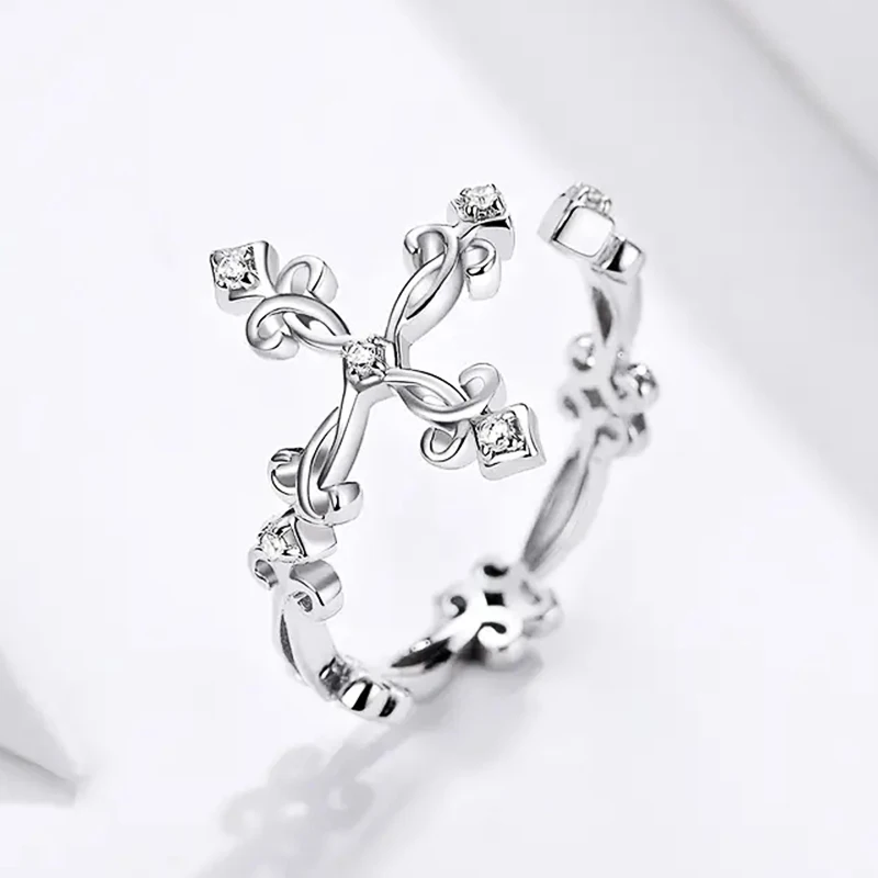 Huitan Hip Hop Style Female Cross Rings Resizable Silver Color Fashionable Finger-ring for Women Rock Girls Accessories Jewelry