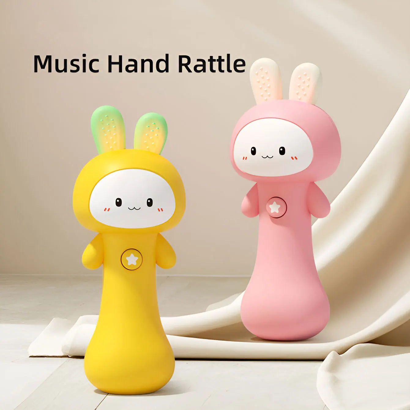 Cartoon music bell toy, rabbit sand hammer, multi-functional soothing sound and light toy