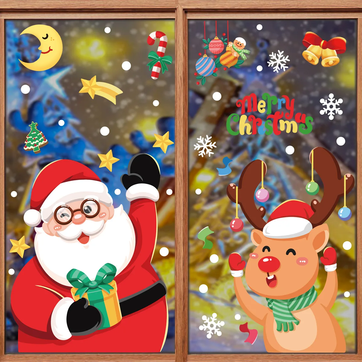 2023 Frohe Weihnachten Noel Fensteraufkleber Weihnachtsmann Rentier Schneemann Schneeflocke Designs Elektrostatische Wandglasdekoration für Zuhause