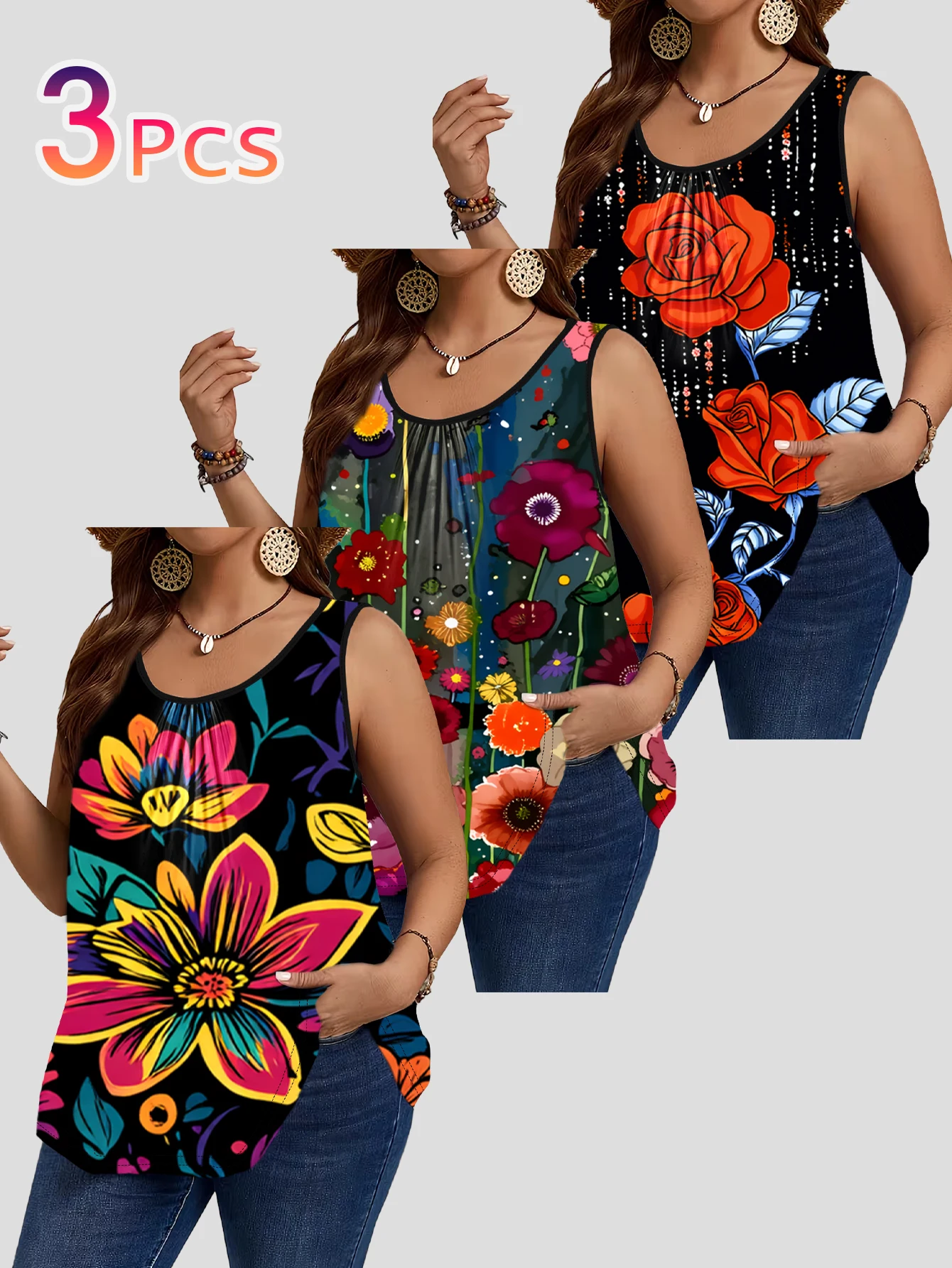 Conjunto de 3 piezas de chalecos sin mangas de gran tamaño con estampado floral llamativo y de colores para mujer, con flores grandes de colores contrastantes, cuello redondo holgado y prenda exterior que cubre el cuerpo.