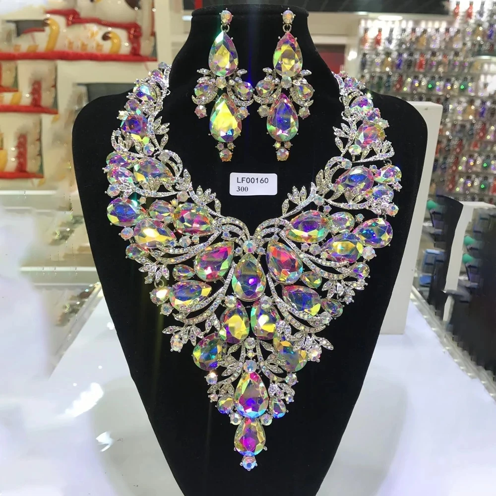 Stonefans Rhinestone Drop Necklace Earrings Set for Women Party Accessories Large Exaggerated Drag Queen Jewelry Set Luxury 2023