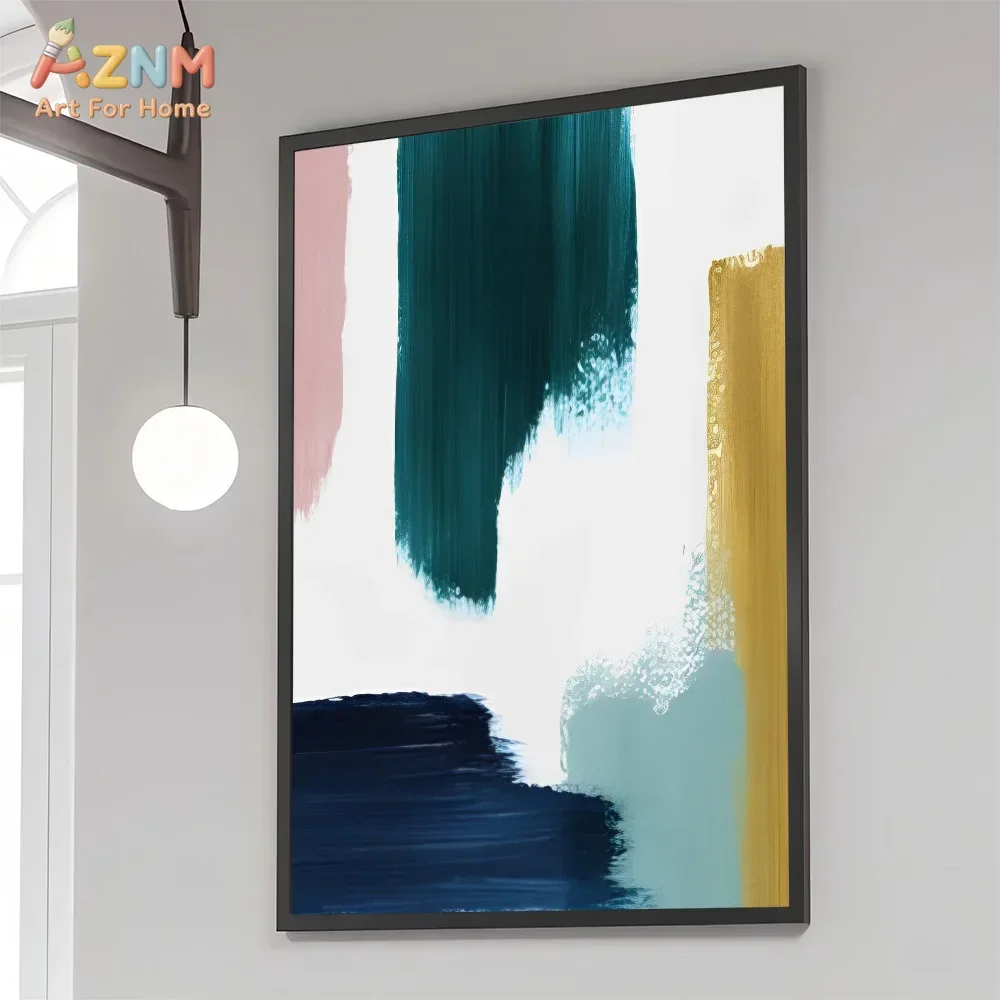 AZNM Teal Navy Gold Abstract Geometric Canvas Print Watercolor Brush Stroke Color Block Shapes Unframed Canvas Wall Art Modern L