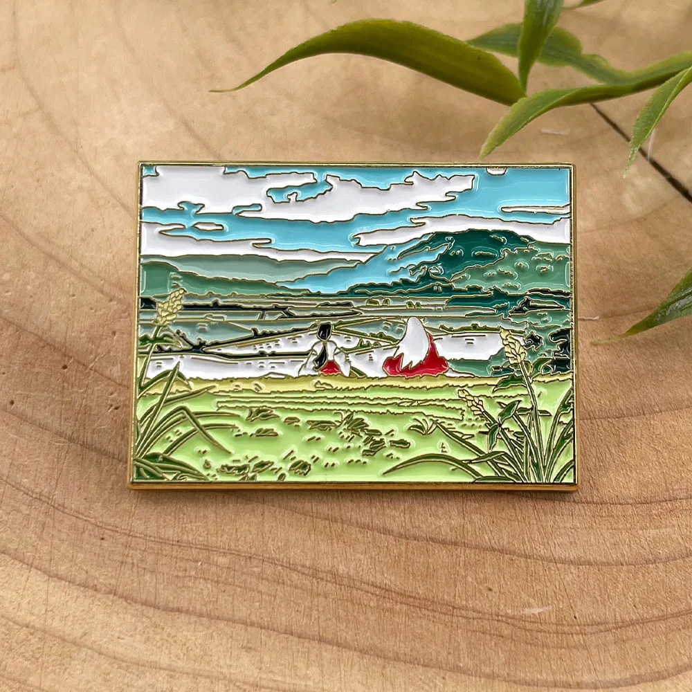 Broche de desenhos animados japoneses inuyasha, personagem de desenho animado kikyo e inuyasha, emblema de metal, cenário natural, arte, lapela, acessórios para fãs