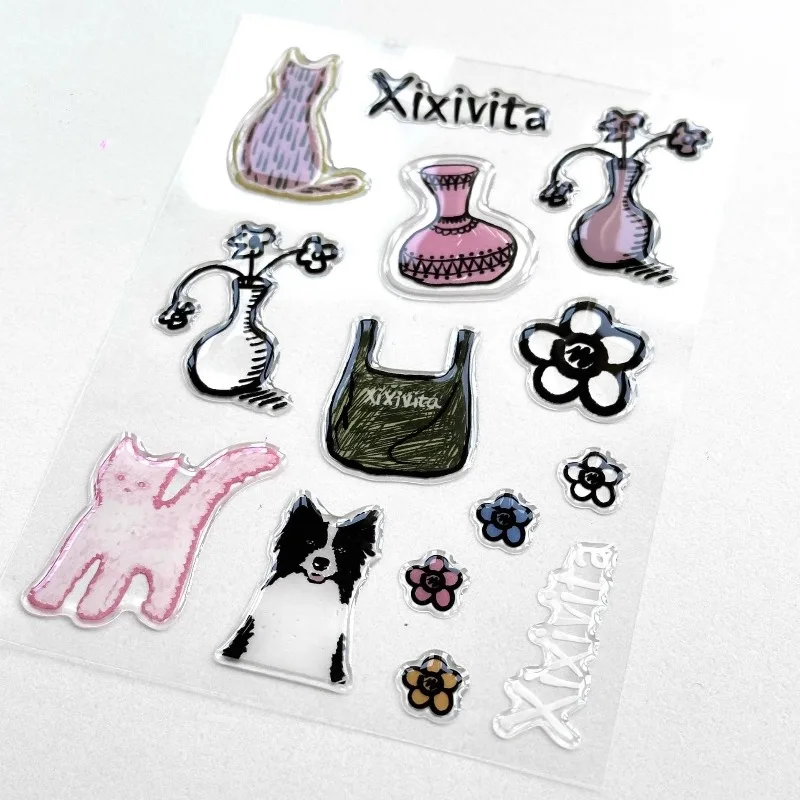 Korean Simple Ins Style Epoxy Sticker Transparent Jelly Cute Cartoon Small Animal Pet Bag Flower Sticker