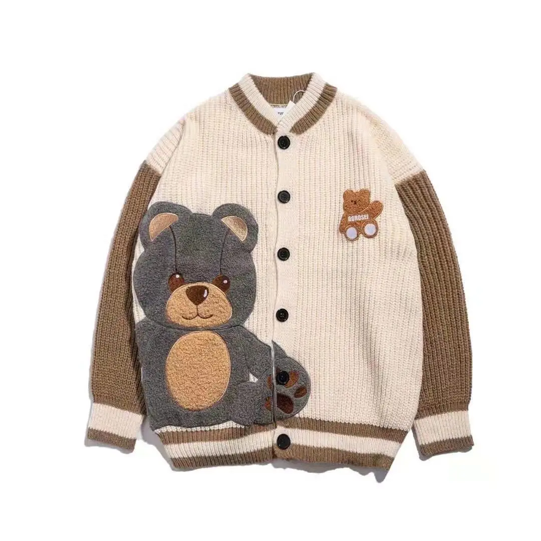 Nam Mùa Thu Đông Áo Len Phối Nhật Bản Cổ Nối Giày Lười Phong Cách Hốc Dệt Kim Cardigan Gấu Thêu