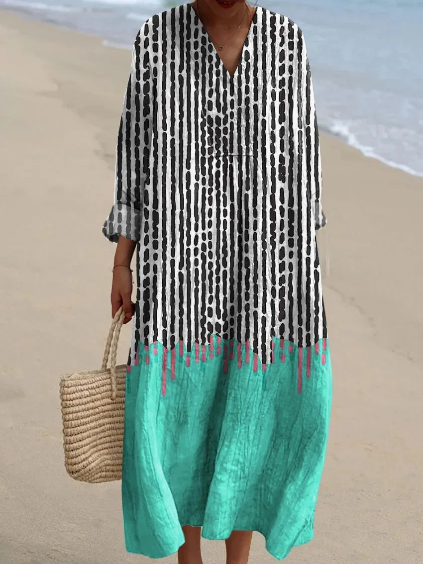 

Women's Colorful Abstract Stripes Art Print Dress Plus Size Long Sleeve V-neck Bohemian Vestidos 2026 Holiday Vintage Robes