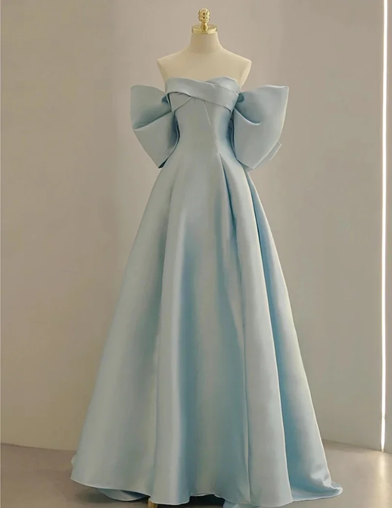 Charming Light Blue One Shoulder Back Big Bow Ball Dress A-line Sexy Backless Evening Dress Formal Gowns Vestidos For Women