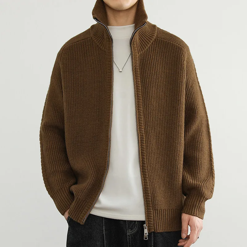 

Zipper Stand Collar Open Cardigan Knitted Sweater for Men Sli Retro Sle Long Sve Deformable Polyester Fiber