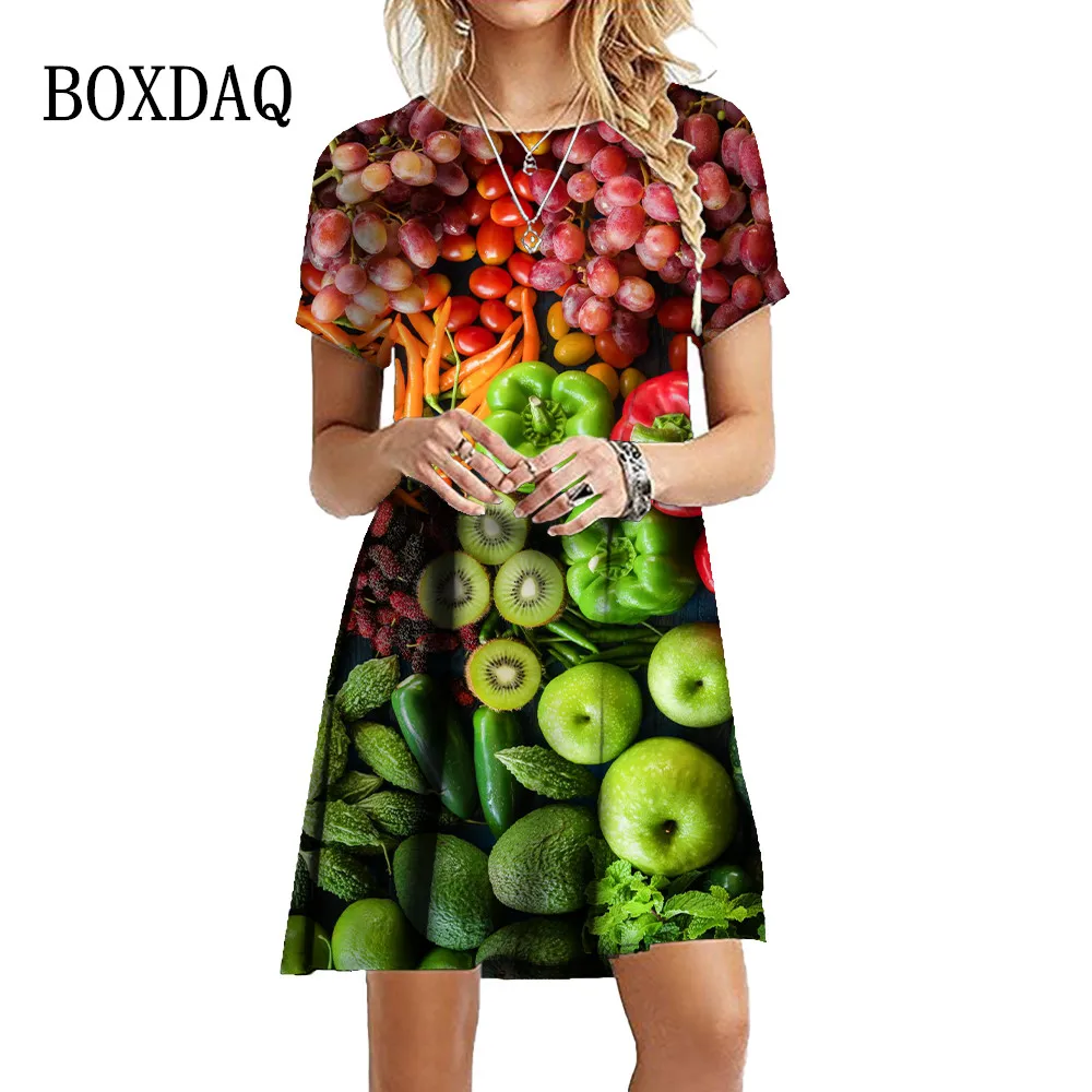 Colorful Fruits And Vegetables Print Dresses Women 2023 Fashion Short Sleeve Oversized Clothing Summer Casual Loose Mini Dress