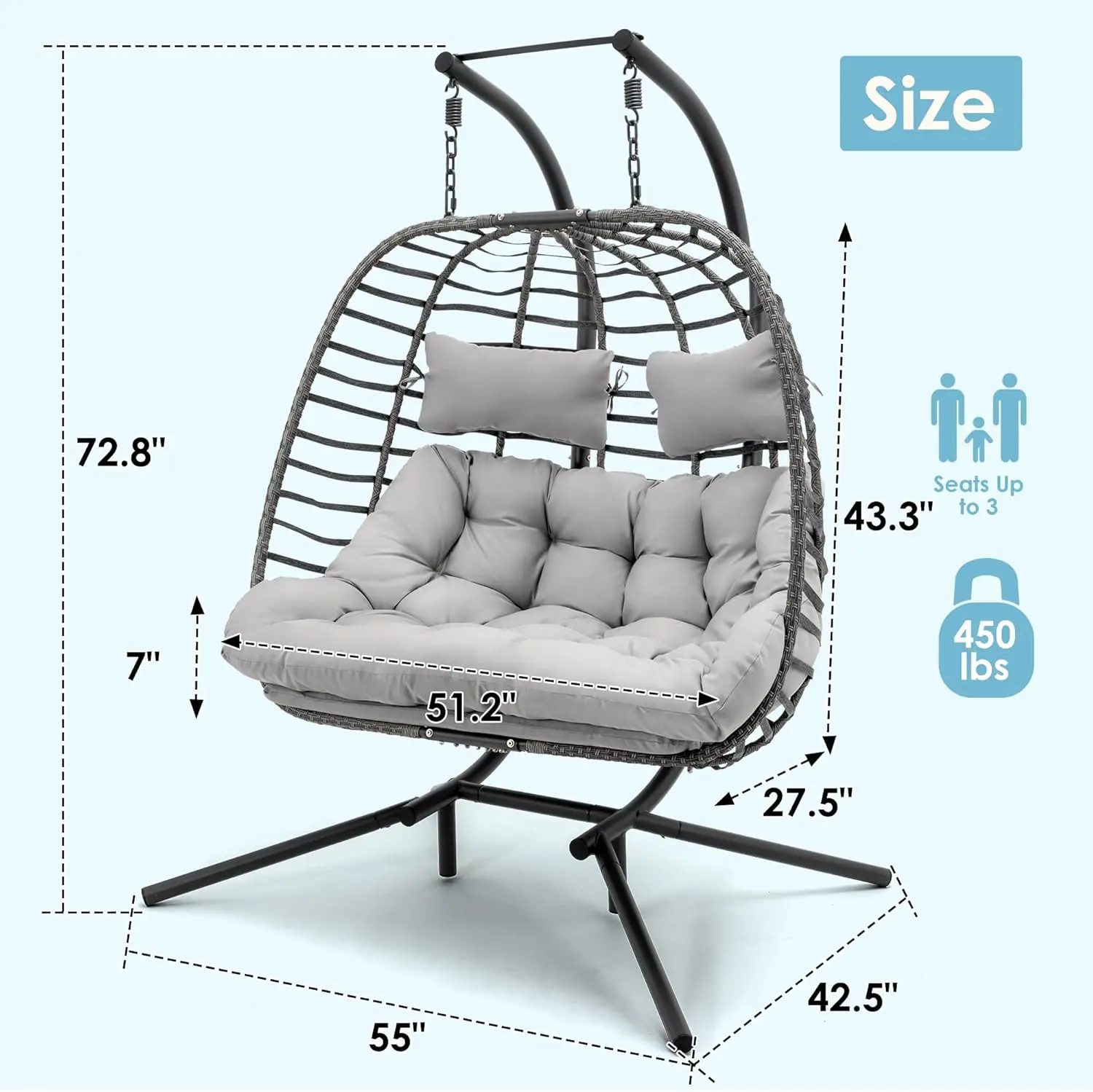 Double Swing Egg Chair with Stand, Large Hand-Woven Wicker Rattan Hanging Egg Chair for 2 People