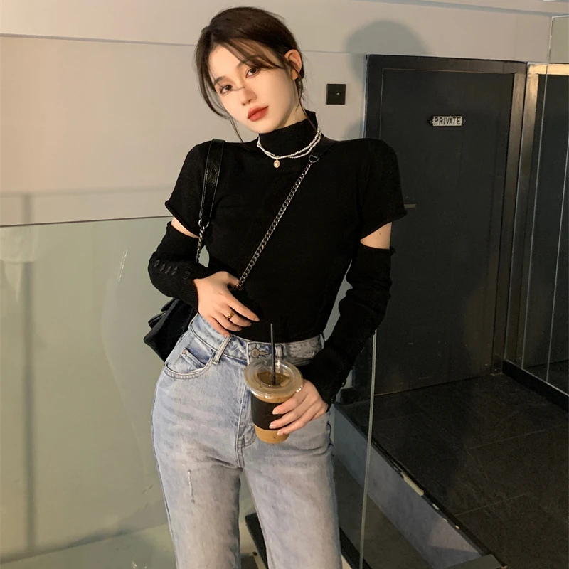 Pullovers Woman Spliced Fashion Solid Half High Collar Casual Office Ladies Slim All-match Streetwear Korean Style Simple Autumn