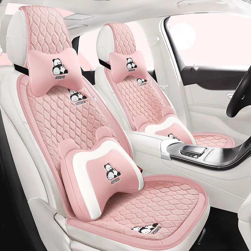

Comfortable Linen Car Seat Cushion Cartoon Panda Embroidery Protect The Seat Four Seasons Universal Suitable for Most Cars