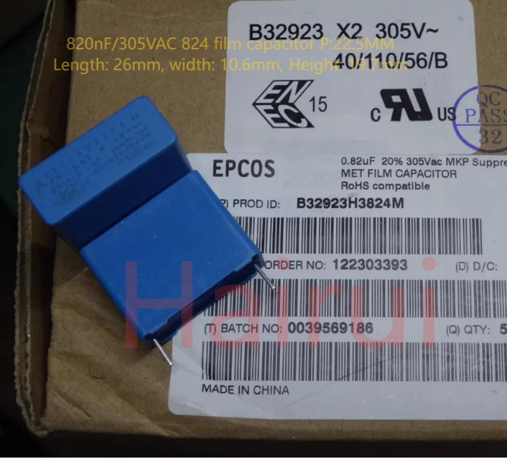 

10PCS/LOT EPCOS 0.82uf/305vAC 820nf u82 824 Pin pitch: 22.5MM film capacitor B32923H3824 26*10.6*19.7