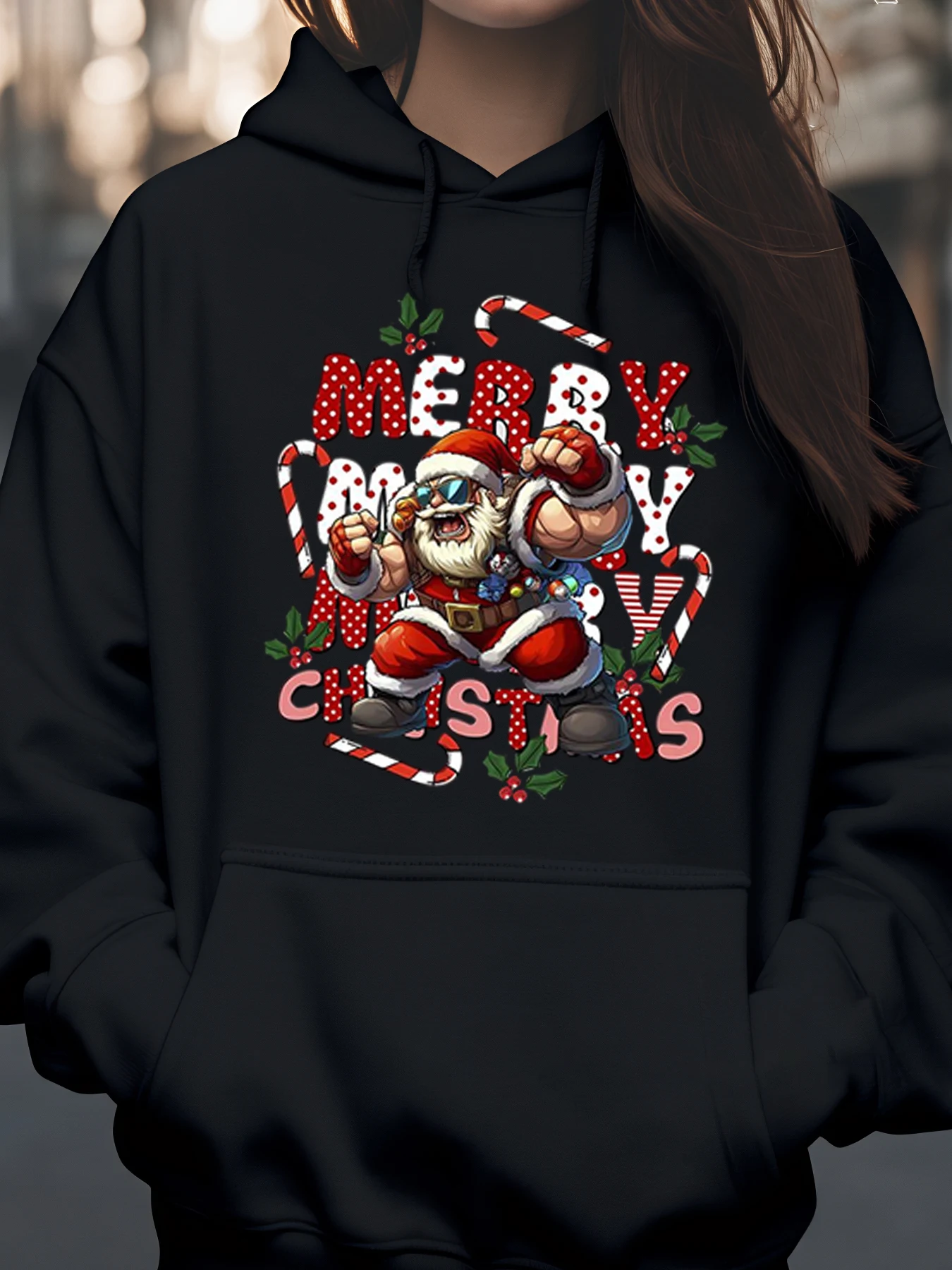 Santa Claus Christmas Print Hoodie Holiday Party Wear for Women and Men