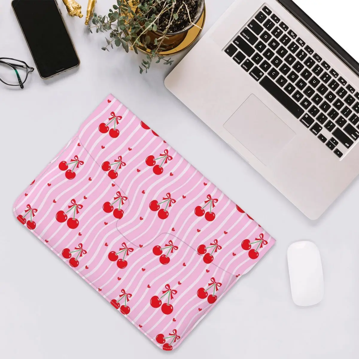 Cartoon Cherry Bow Cute Pattern PU Leather Horizontal Laptop Sleeve Shockproof Soft Lining Notebook Case 13 Inch