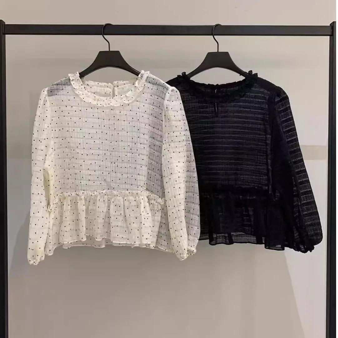 レディース シャツ 春秋 東大門 新スタイル 多用途 優しい シースルー 水玉模様 レーストリム トップス バブルスリーブ 薄手