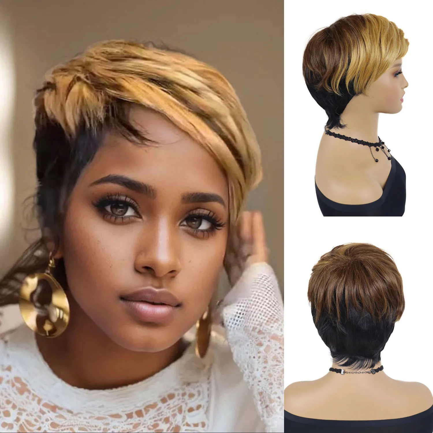 

GNIMEGIL Синтетический короткий парик с челкой, коричневый и светлый, модная прическа с боковым пробором, парик с длинной челкой, повседневный косплей