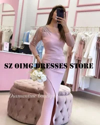 OIMG New Design Pink Satin Prom Dresses Arabic Women Ruched Long Sleeves Customized Beading Evening Gowns Formal Party Dress