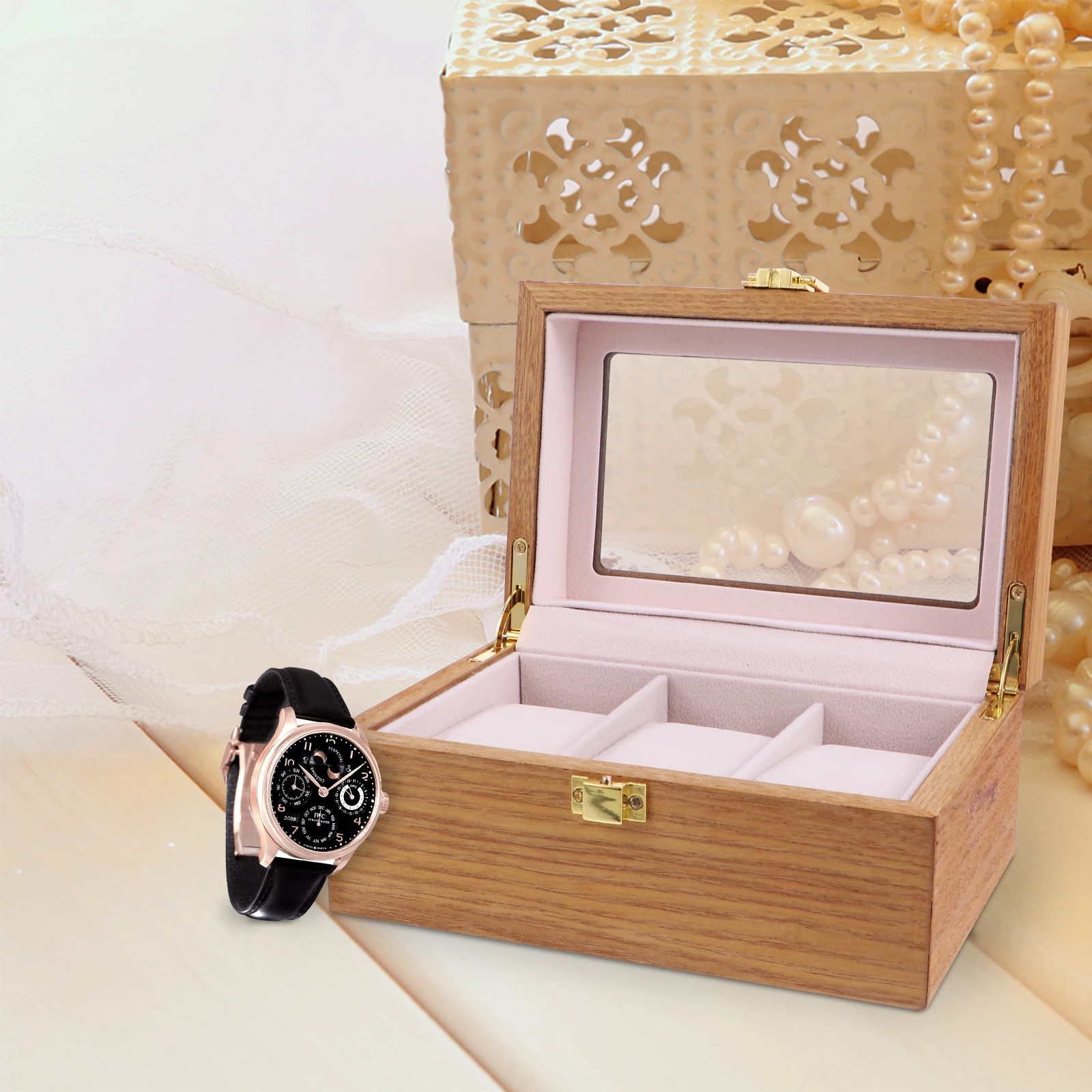 

Wooden Watch Box 3 Slots Premium Material Clear Glass Window Buckle Lock Inner Cushion Pad Elegant Durable High Quality Gift