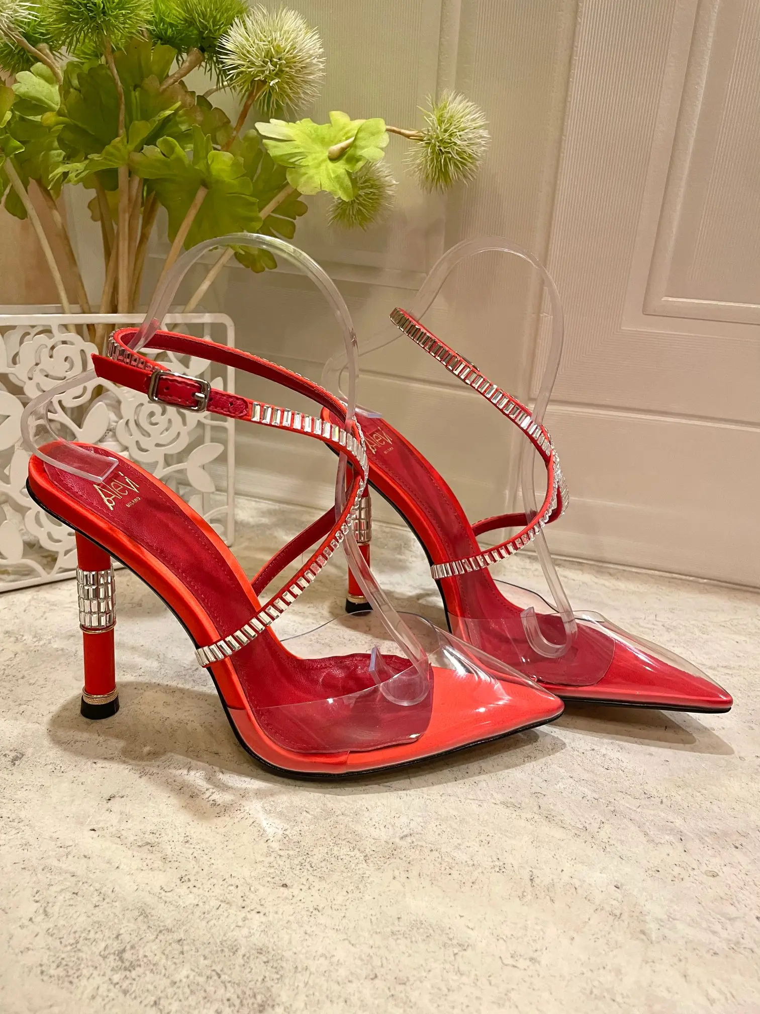 Alevì Red crystal PVC party glass crossover strap calf-leather sandals open toe pointed toe high stiletto heel slip-on Pump