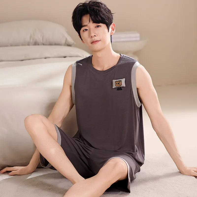 Modal Sleeveless Sleepwear for Men O Neck Summer Shorts Pajamas Set Young Boy Big Size L-3XL Pjs Pyjamas Hombre Dropship