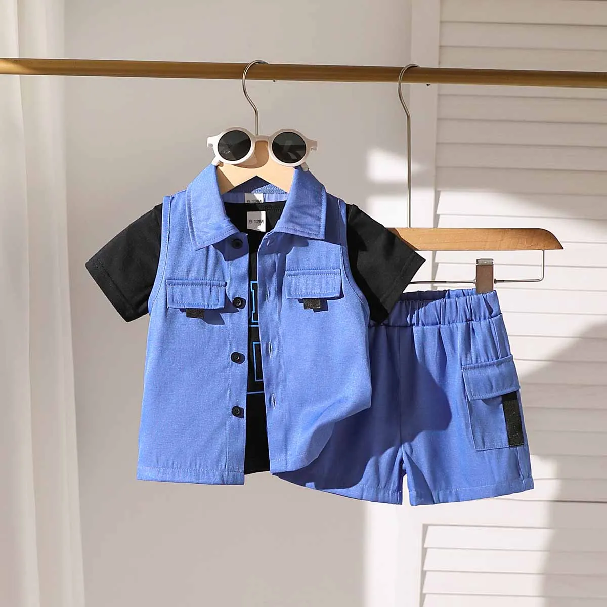 Baby Boy 3-Piece Set Open Placket Vest Round Neck Short Sleeve Top Imitation Denim Workwear Shorts Summer Outfit for 0-24 Months