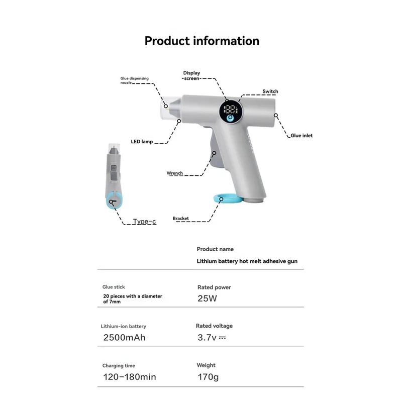 

ABPR-Rechargeable Hot Glue Gun With LED Light And Digital Temperature Display For Arts And Crafts
