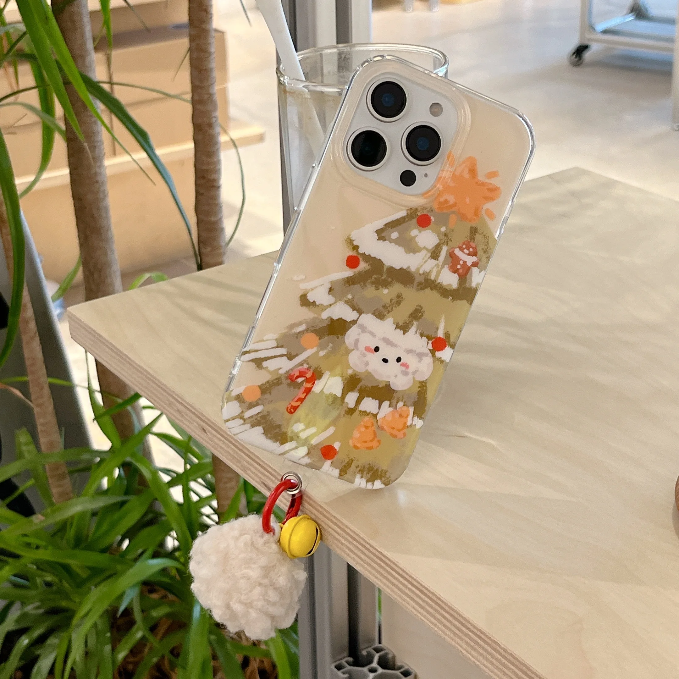 Casing HP iPhone 17 16 15 14 13 Pro Max dengan Gantungan Lonceng Pom-pom Bulu Anjing Natal