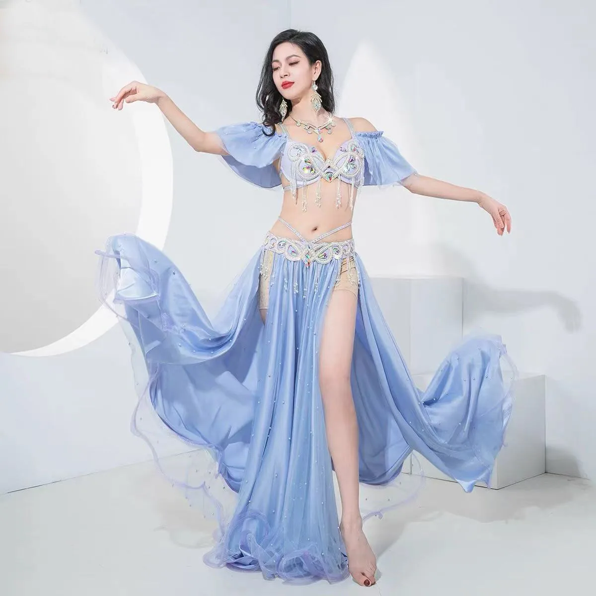 Dames Toneelvoorstelling Luxe Buikdansen Egyptische kostuums Oosterse stijl Strass BH, Chiffon Rok Buikdans 3st