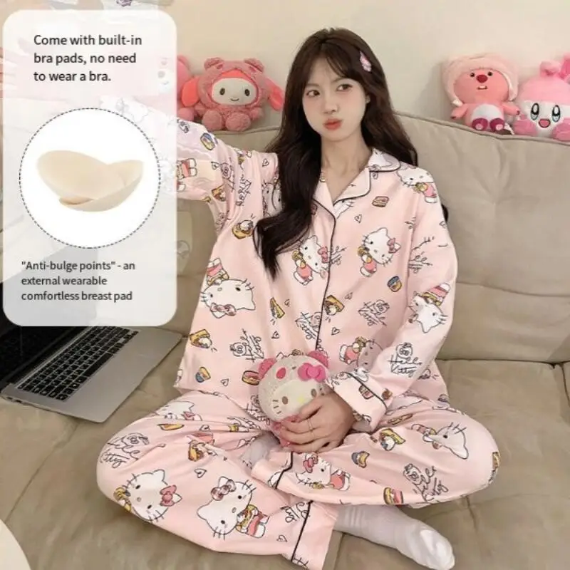 Pijama de Anime para mujer y niña, ropa de dormir Kawaii con almohadilla en el pecho, ropa de dormir de algodón para estudiantes, ropa para el hogar, pantalón de manga larga con dibujos animados a la moda