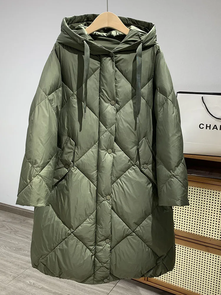 High Quality Women Hooded Long Down Jackets Fashion Rhombic Paddding Pockets 90% White Duck Down Light and Warm Winter Coats