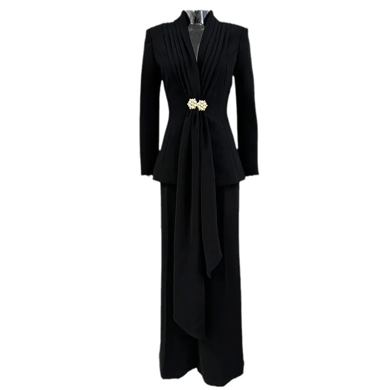 

European and American Stars Fashion New Pleated Collar Blazer + Straight Trousers Suit, Two-piece Set