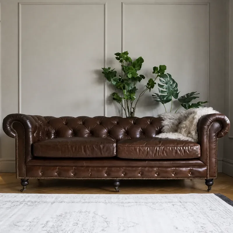 Retro Brown Leather Sofa Solid Wood Frame 3 Seater Couch Simple Style for Living Room Small Apartment Office Furniture