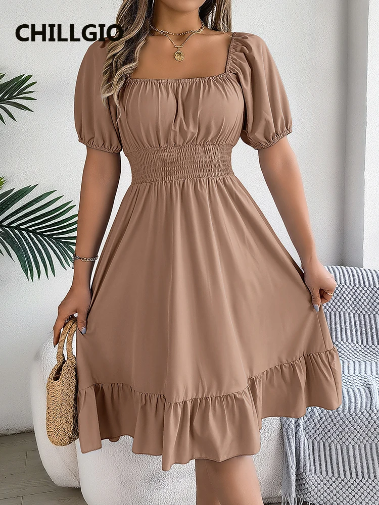 Chilligio-Vestido feminino vintage de manga curta babados cintura alta Midi linha A, casual básico moda praia, verão