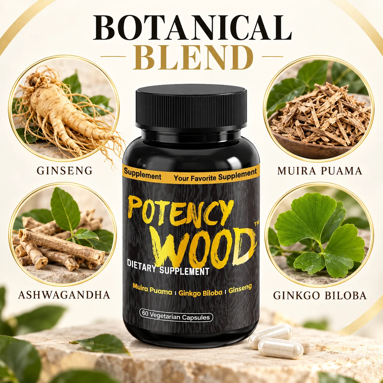 Plant Based Herbal Extract Supplement 60 Capsules with Ginseng Ginkgo Biloba Ashwagandha for Daily Vitality Nutrition Care