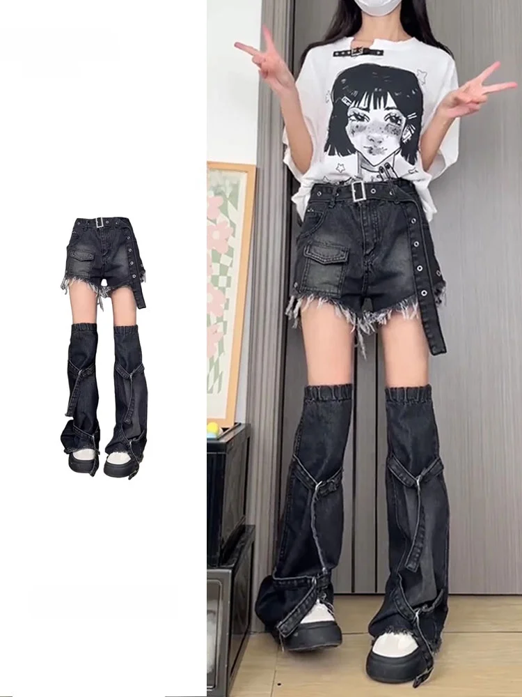 

High Waist Denim Shorts Women's Y2K Trendy Two-Piece Set Summer Hot Girl Casual Washed Wide Leg Pants Deep Color Jeans