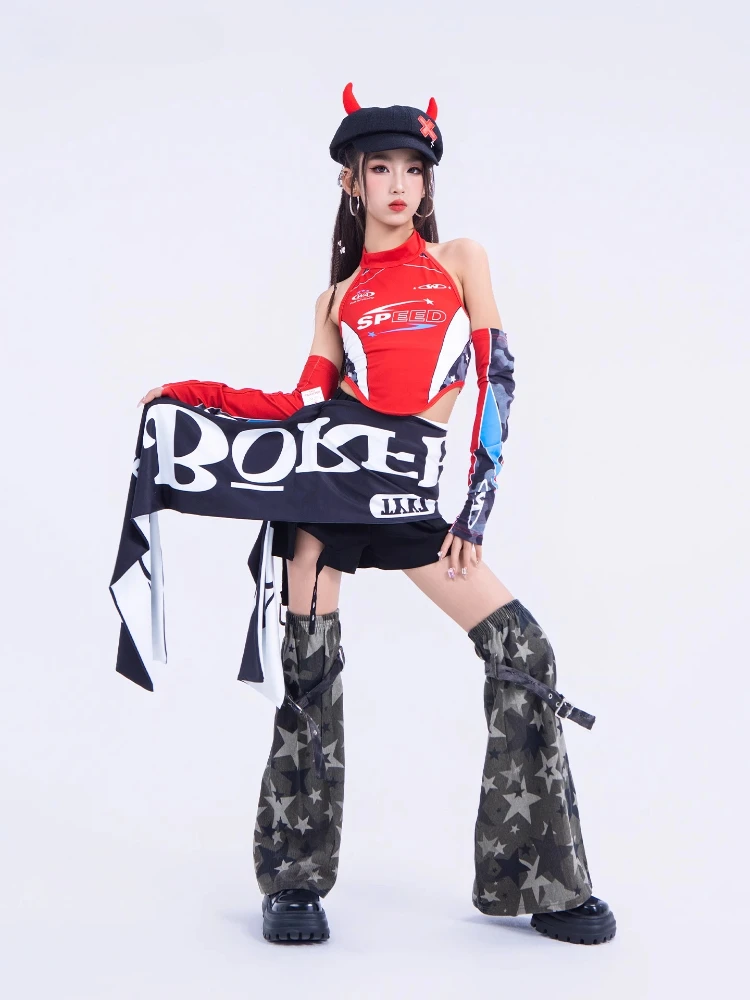 Girls Hip-Hop Street Dance Clothes Cool Jazz Dance Costumes Red Top Baggy Pants Ballroom Hip Hop Dancing Clothes Stage Outfits