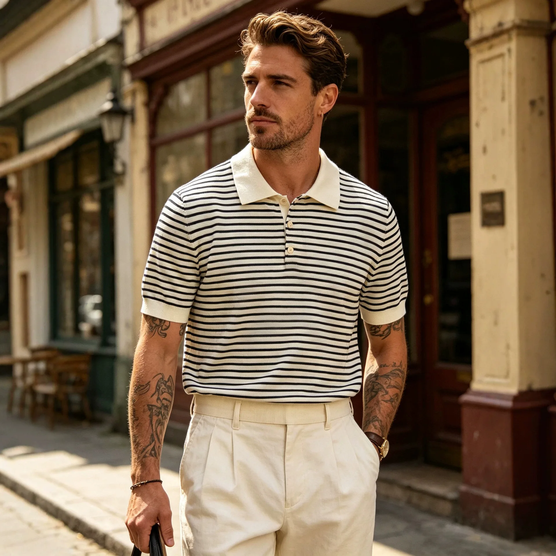 Thickened Casual Knitted Stripe  Shirt Vintage Narrow Stripe Turn-down Collar Men's Cotton Short Sleeve T-shirt