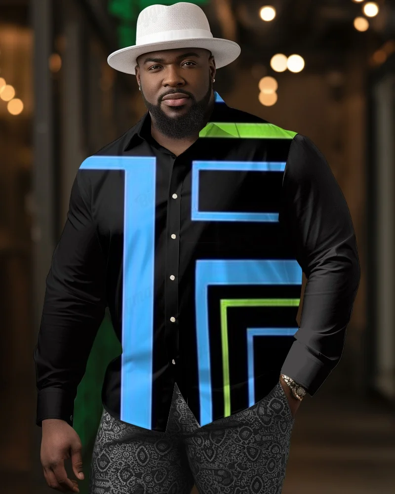 Men's Plus Size Long Sleeve Button-Up Shirt, Bold Geometric Prints with Contrast Blocks or Angular Lines for Casual Streetwear
