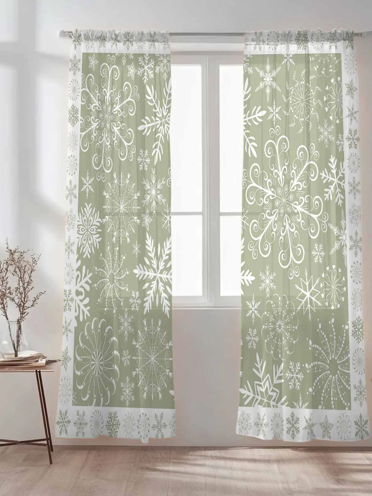 

Vintage Christmas Green Snowflakes Tulle Sheer Curtains for Living Room Bedroom Kitchen Decoration Voile Organza Curtains