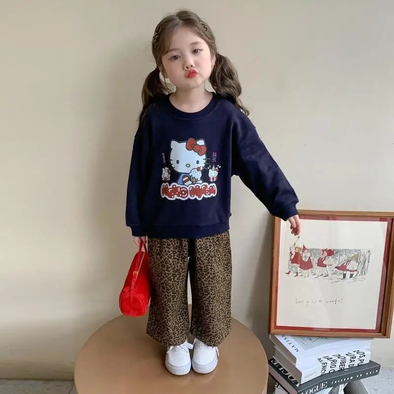 

Sanrio Hello Kitty Two Piece Set Long Sleeve Sweatshirt Leopard Print Pants Cotton For Girls Autumn Spring Fashionable New 2025