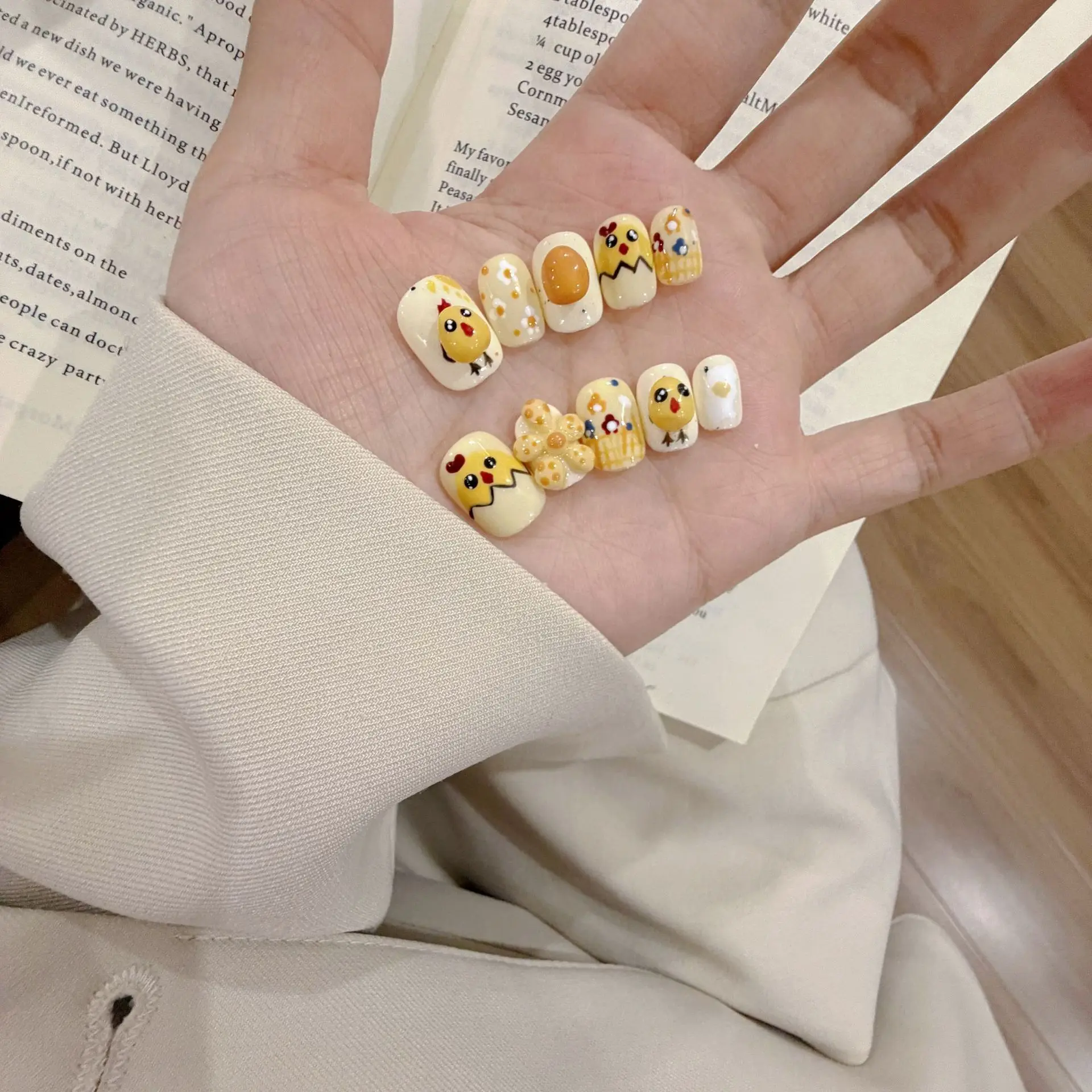 

10Pcs Handmade Press On Nails Cute 3D Chick Egg Design Short Square Fake Nails Cream Yellow Kawaii Reusable False Nail for Women